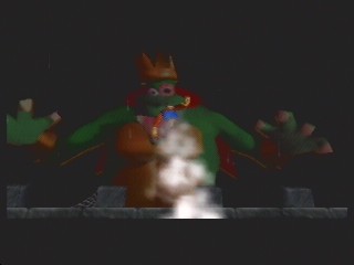 Showdown with a giant cardboard cut-out of K.Rool.