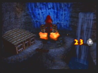 Diddy Kong flies over the insanely-huge chasms of Crystal Caves.