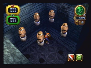 Alundra 2 also has its fair share of block/switch puzzles. In this one, barrels must be carefully thrown onto floating switches.