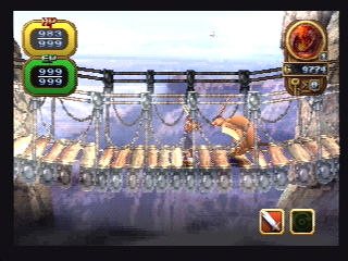Alundra 2 also has several sidescrolling areas, like this <i>Temple of Doom</i>-style bridge guarded by giant bats.