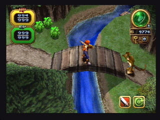 Encounter with an underwear-clad monkey on a forest bridge. By the end of the game, this will seem normal.